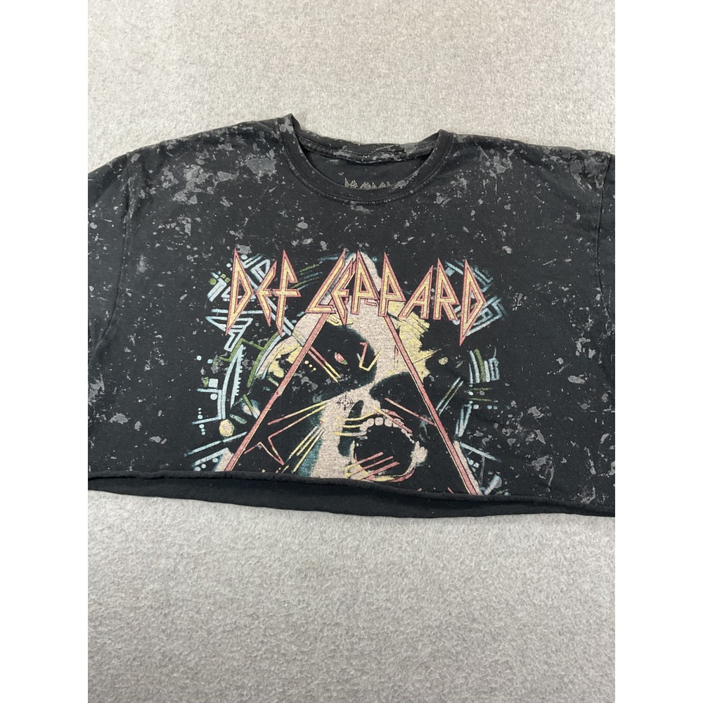 Def Leppard Hysteria Tour Graphic Crop Top Acid Wash Black T-Shirt Small #918